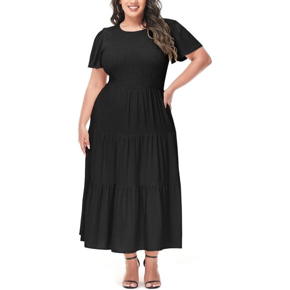 Women's Plus Size Maxi Dress Soft Flutter Short Sleeve Elastic Waist Casual - Picture 3 of 5